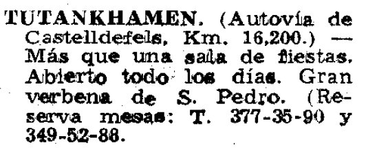 Anuncio de la Verbena de San Pedro de la Discoteca Tutankhamen de Gav Mar publicado en el diario LA VANGUARDIA (26 de Junio de 1976)